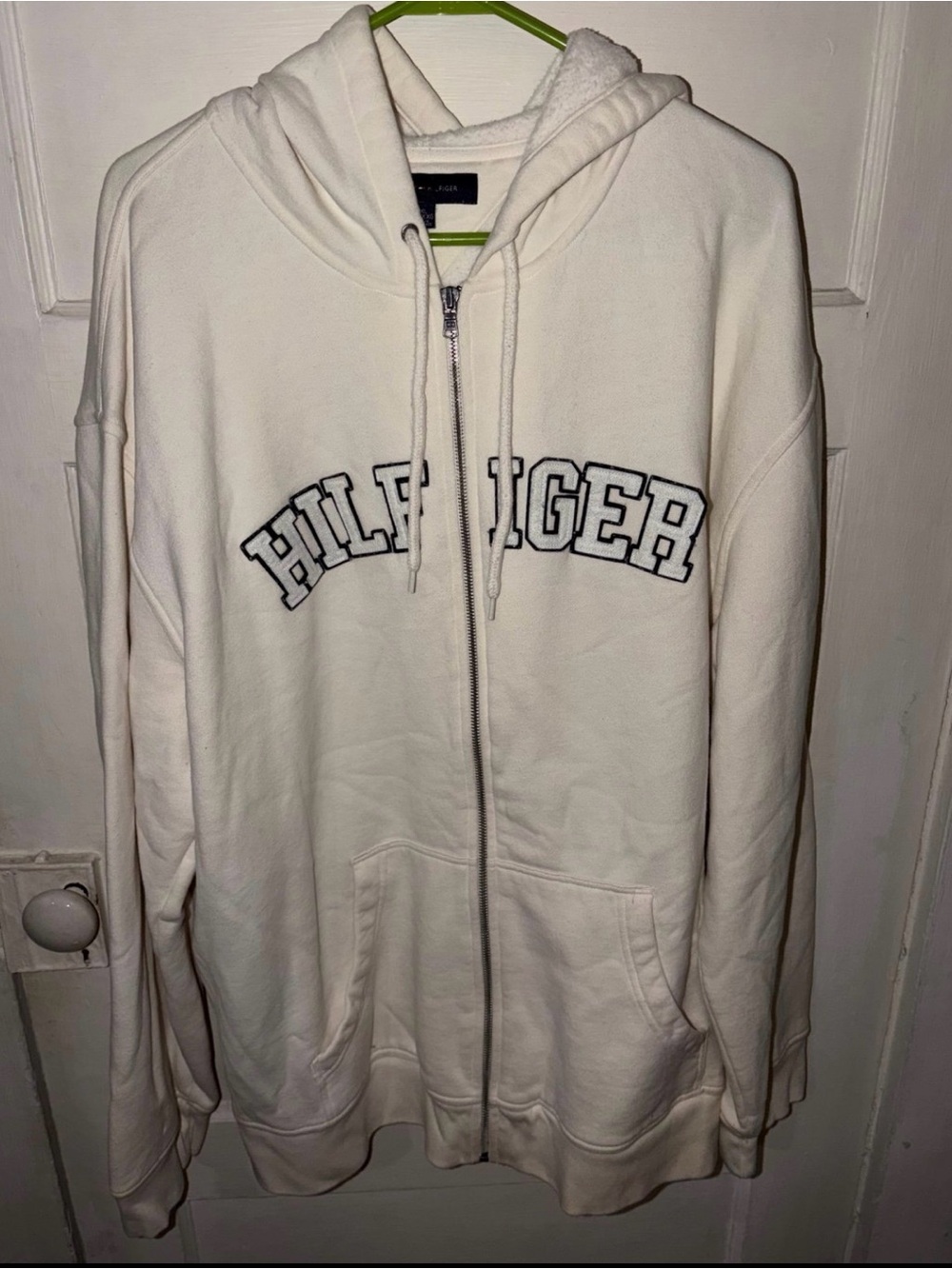 Tommy Hilfiger Cream Full-Zip Hoodie with Embroidered Logo